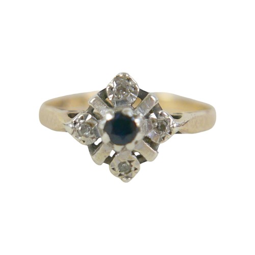 20 - A 9ct yellow gold diamond and sapphire ring head 9 by 9mm, ring size N, 2.0g.