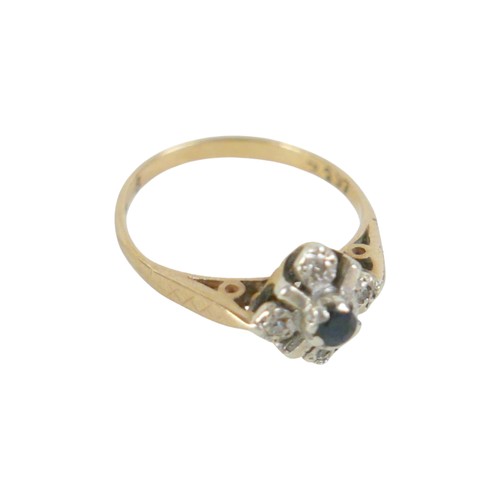 20 - A 9ct yellow gold diamond and sapphire ring head 9 by 9mm, ring size N, 2.0g.