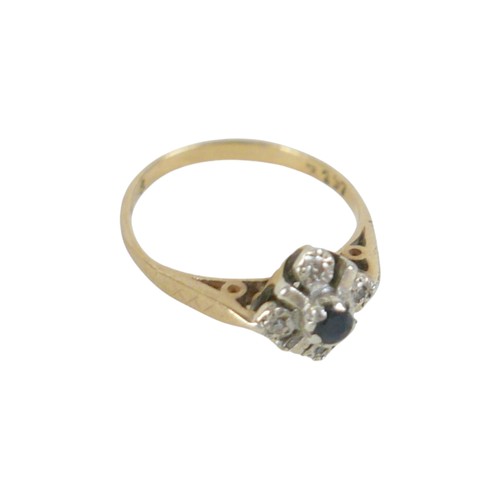 20 - A 9ct yellow gold diamond and sapphire ring head 9 by 9mm, ring size N, 2.0g.
