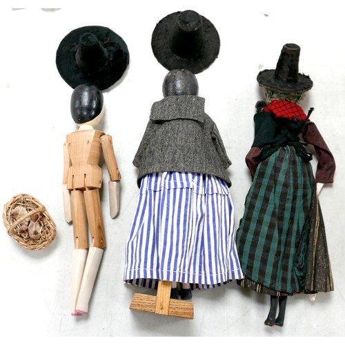 19 - Three early 20th century peg dolls, including two in traditional Welsh dress, tallest 32cm, as well ... 