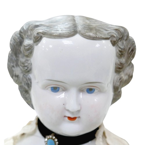 51 - Four 19th century bisque dolls' shoulder-heads, all with hand painted features and middle partings t... 