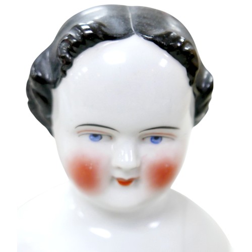 51 - Four 19th century bisque dolls' shoulder-heads, all with hand painted features and middle partings t... 