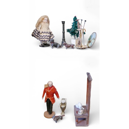67 - A group of doll's house accessories, including three figures, a mangle, umbrella stand, and dogs. (1... 