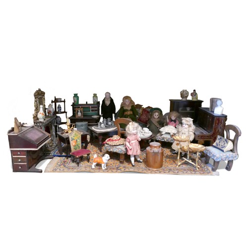 70 - Six dolls and assorted doll's house furnishings, including a piano, some Chinese blue and white cera... 