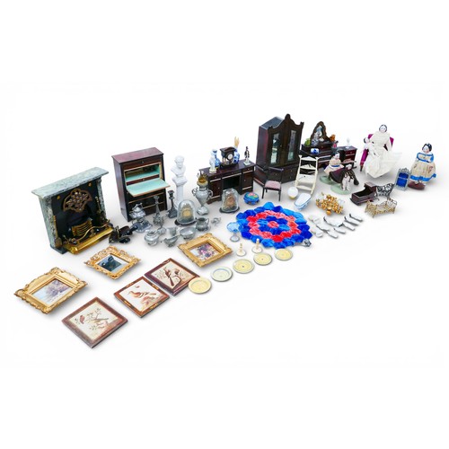 75 - A collection of doll's house furniture and accessories, including a bureau, assorted dolls, and a mi...