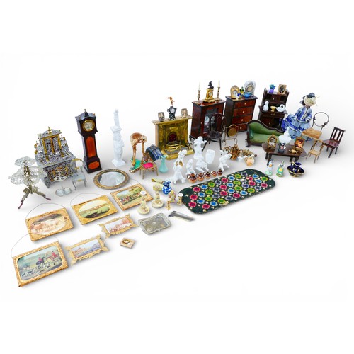 77 - A group of doll's house furnishings, including a Mintons style jardiniere stand, a long case clock, ... 