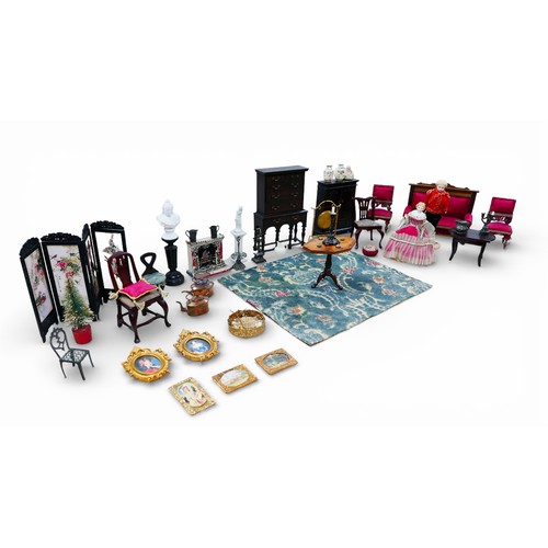 78 - A group of doll's house furniture, including a dresser, chest on stand, and a two dolls. (1 box)
Pro... 