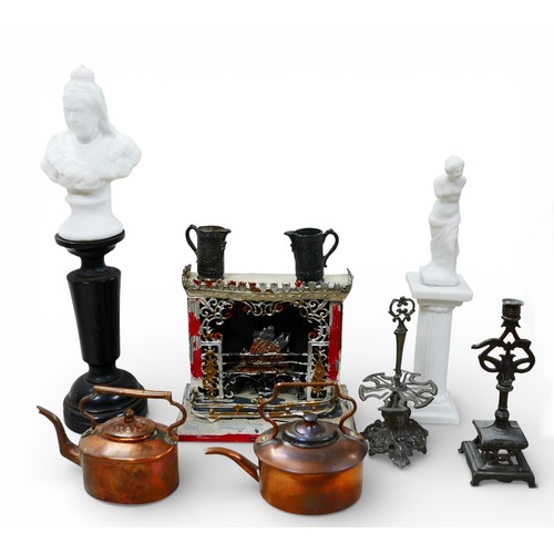 78 - A group of doll's house furniture, including a dresser, chest on stand, and a two dolls. (1 box)
Pro... 