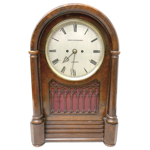 412 - A Victorian burr walnut gothic revival bracket / table clock, domed case with octagonal pillars and ... 