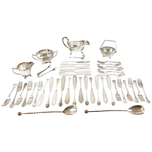 230 - A small collection of silver plate, including an Elkington plate sauce boat, some flatware. (1 box)