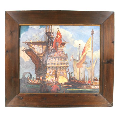 359 - Manner of Kenneth Denton Shoesmith (British, 1890-1939): a view of the stern of an English man-o-war... 