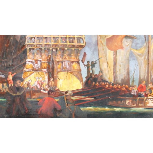 359 - Manner of Kenneth Denton Shoesmith (British, 1890-1939): a view of the stern of an English man-o-war... 