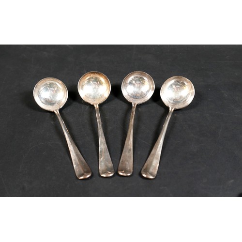 222 - A set of four George VI silver sauce ladles, rat tail pattern, terminal engraved with a monogram, th... 