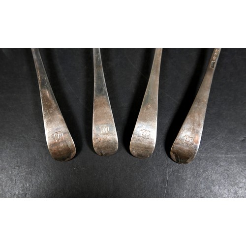 222 - A set of four George VI silver sauce ladles, rat tail pattern, terminal engraved with a monogram, th... 