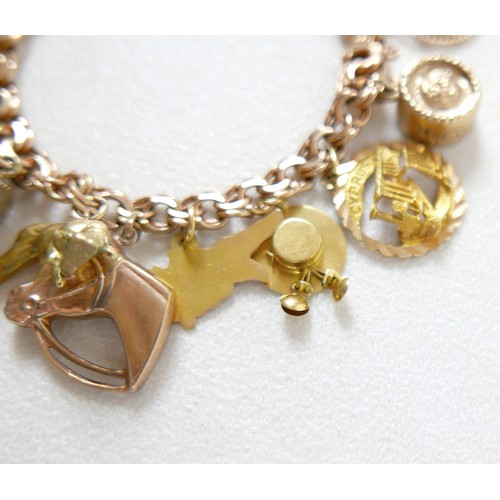 176 - A 9ct gold charm bracelet with assorted 9ct gold, 18ct and gilt metal charms, including 9ct Melton M... 