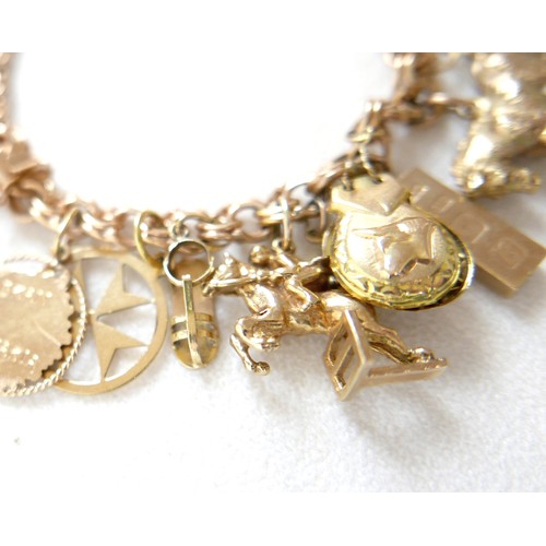 176 - A 9ct gold charm bracelet with assorted 9ct gold, 18ct and gilt metal charms, including 9ct Melton M... 