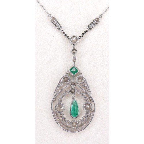 172 - A French Belle Epoque white metal pendant, circa 1900, set with diamonds and emeralds, of teardrop f... 