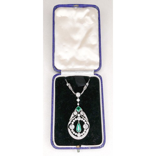 172 - A French Belle Epoque white metal pendant, circa 1900, set with diamonds and emeralds, of teardrop f... 