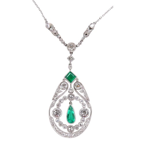 172 - A French Belle Epoque white metal pendant, circa 1900, set with diamonds and emeralds, of teardrop f... 