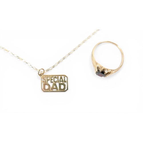 25 - A 9ct gold and garnet ring, size P, 2.3g, as well as 9ct gold necklace with a yellow metal 'Special ... 