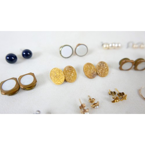 33 - A collection of earrings and cufflinks to include: pair 15ct (625) gold oval cufflinks with metal ch... 