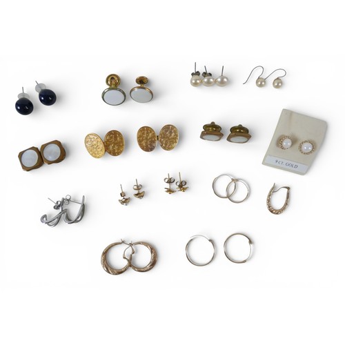33 - A collection of earrings and cufflinks to include: pair 15ct (625) gold oval cufflinks with metal ch... 