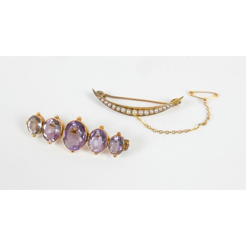45 - Two yellow metal brooches consisting d a pearl crescent brooch and a five stone amethyst brooch 4.5c... 