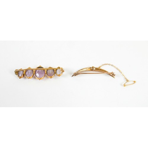 45 - Two yellow metal brooches consisting d a pearl crescent brooch and a five stone amethyst brooch 4.5c... 