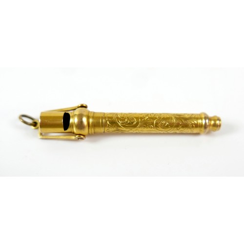 48 - An interesting gilt metal fob whistle/pencil, acanthus engraved decoration, 6.5cm long, 11.1g.