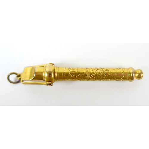 48 - An interesting gilt metal fob whistle/pencil, acanthus engraved decoration, 6.5cm long, 11.1g.