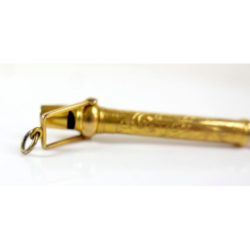 48 - An interesting gilt metal fob whistle/pencil, acanthus engraved decoration, 6.5cm long, 11.1g.