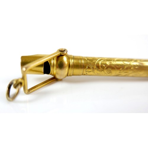 48 - An interesting gilt metal fob whistle/pencil, acanthus engraved decoration, 6.5cm long, 11.1g.