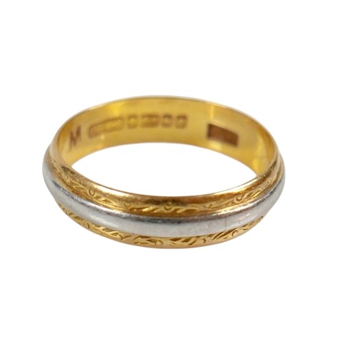 49 - A 22ct yellow and white metal banded ring size M, 4mm band, 3.1g.