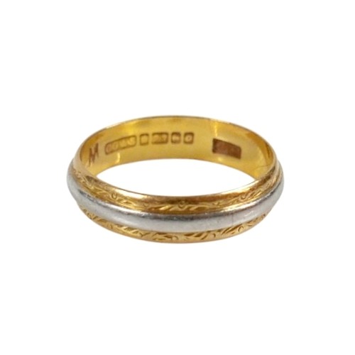 49 - A 22ct yellow and white metal banded ring size M, 4mm band, 3.1g.