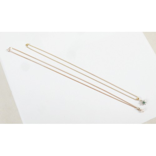 50 - A 9ct yellow gold necklace with pearl pendant and a yellow metal chain with a diamond and emerald pe... 