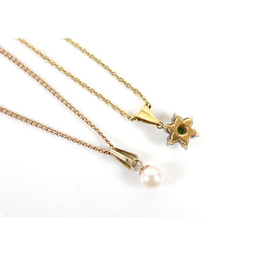 50 - A 9ct yellow gold necklace with pearl pendant and a yellow metal chain with a diamond and emerald pe... 