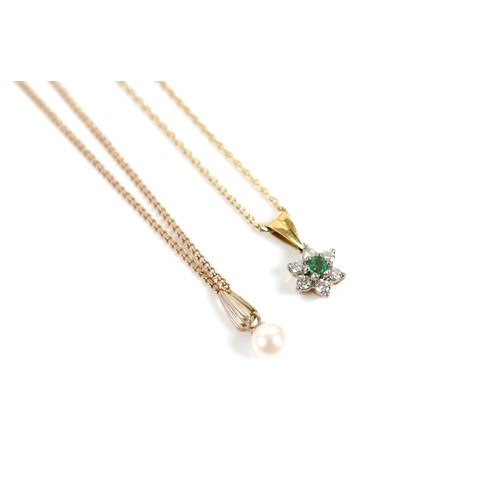 50 - A 9ct yellow gold necklace with pearl pendant and a yellow metal chain with a diamond and emerald pe... 