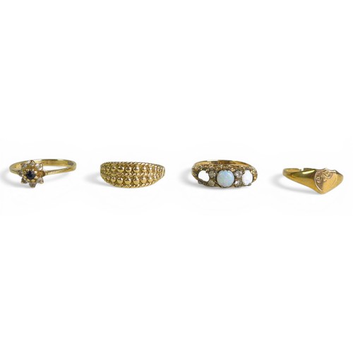 52 - Four 9ct gold rings plus a pair of gold metal plated earrings. Rings: opal, (lacks one stone), 2.2g.... 