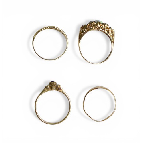 52 - Four 9ct gold rings plus a pair of gold metal plated earrings. Rings: opal, (lacks one stone), 2.2g.... 