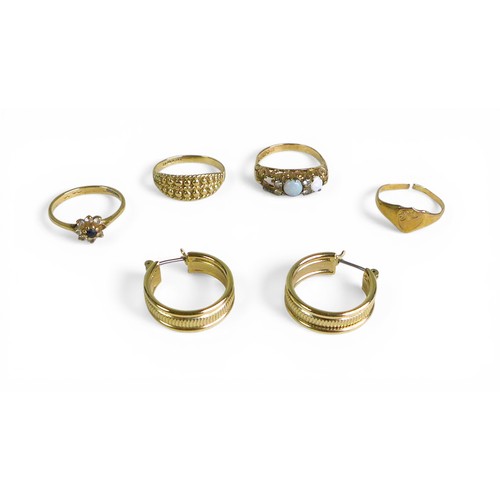 52 - Four 9ct gold rings plus a pair of gold metal plated earrings. Rings: opal, (lacks one stone), 2.2g.... 