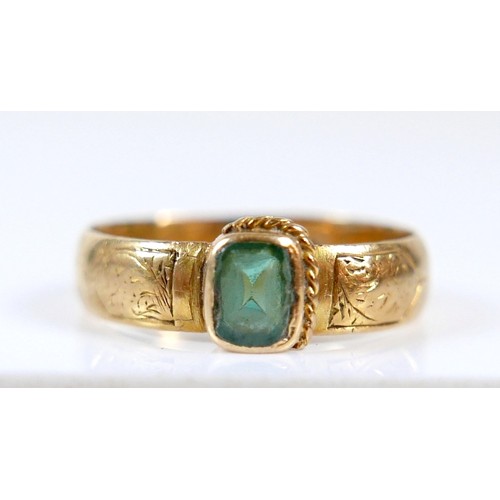 57 - A Victorian Scottish 18ct yellow gold ring, set with an rectangular cut green stone, 5 by 4 by 2.5mm... 