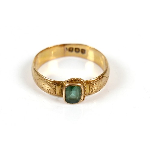 57 - A Victorian Scottish 18ct yellow gold ring, set with an rectangular cut green stone, 5 by 4 by 2.5mm... 