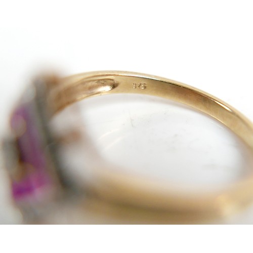 60 - A 9ct gold diamond and ruby set of jewellery, comprising a ring, size O, 2.1g, a pair of square form... 