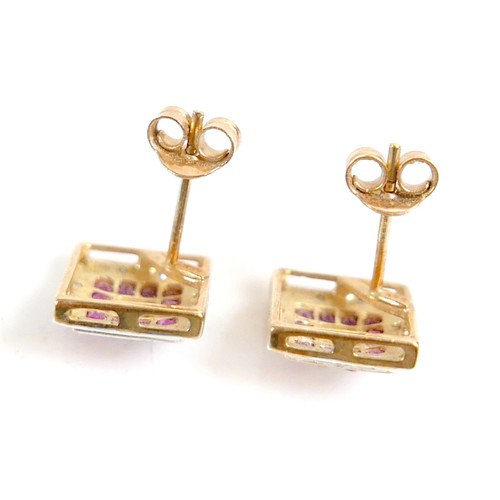 60 - A 9ct gold diamond and ruby set of jewellery, comprising a ring, size O, 2.1g, a pair of square form... 
