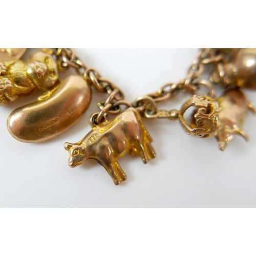 11 - A 9ct yellow gold charm bracelet with twenty charms, 35.3g.