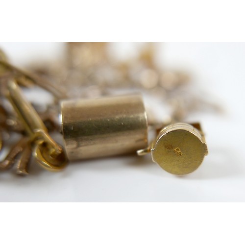 11 - A 9ct yellow gold charm bracelet with twenty charms, 35.3g.