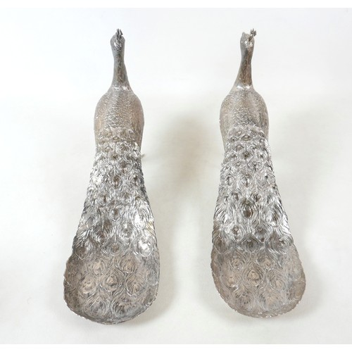 218 - A fine and large pair of Art Deco Hanau silver table models of peacocks, each in standing pose with ... 