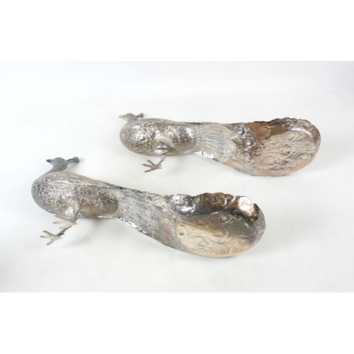 218 - A fine and large pair of Art Deco Hanau silver table models of peacocks, each in standing pose with ... 