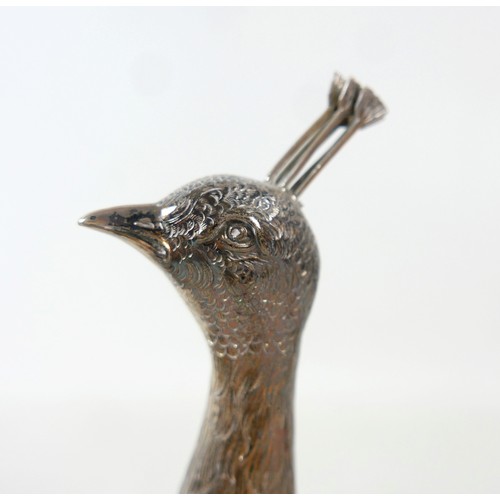 218 - A fine and large pair of Art Deco Hanau silver table models of peacocks, each in standing pose with ... 