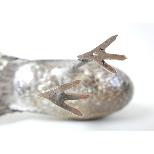 218 - A fine and large pair of Art Deco Hanau silver table models of peacocks, each in standing pose with ... 